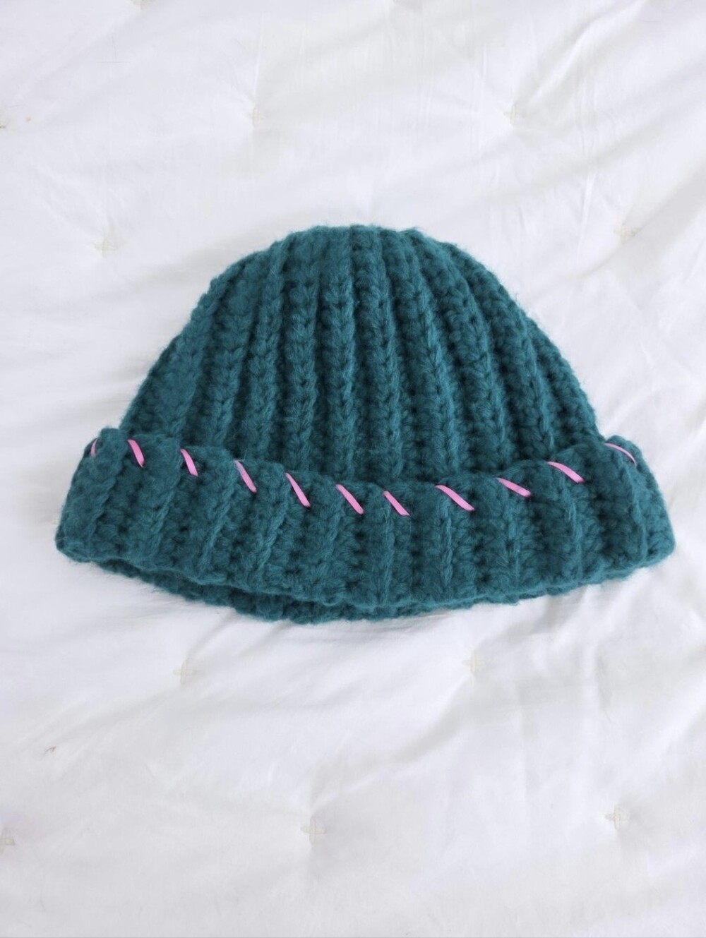 Teal and Pink Handmade Crochet Skull Cap/Fishermans Beanie